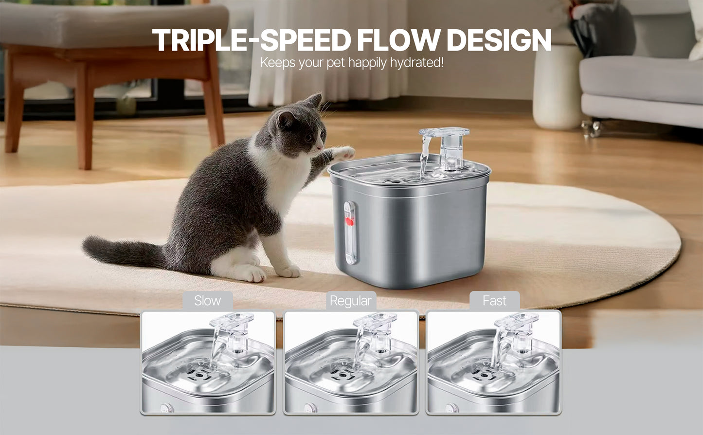 FO5 Pet Water Fountain Stainless Steel,74oz/2.2L Automatic Water Dispenser with Water Level, Replacement Filter Kit and Silicone Mat Suitable for Cat, Dogs