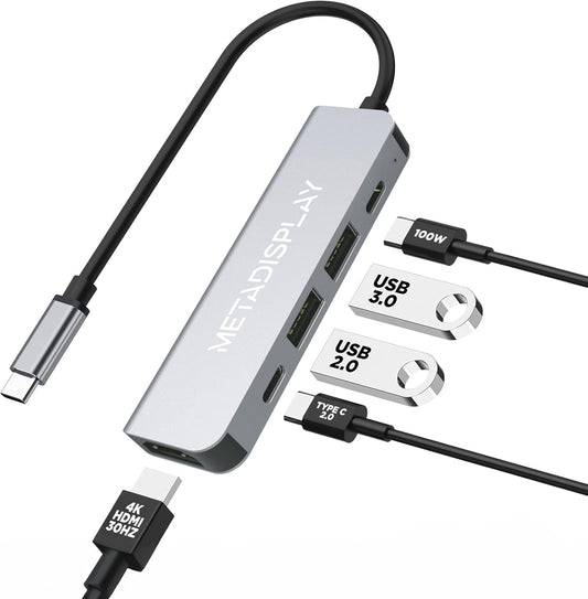 MetaDisplay MD Hub USB C Hub with 100W PD Charging, Type C to HDMI 4K 30Hz Adapter, 2 USB-A Data Ports and Type-C port, Multiport Adapter Compatible with all Laptop and Tablets.