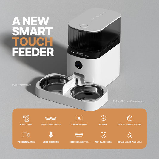 FO5 5L Automatic Pet Feeder, Automatic Feeder controlled via APP, Timed Cat Feeder for Dogs and Cats with Fresh-keeping Bucket, Two Stainless Steel Plates