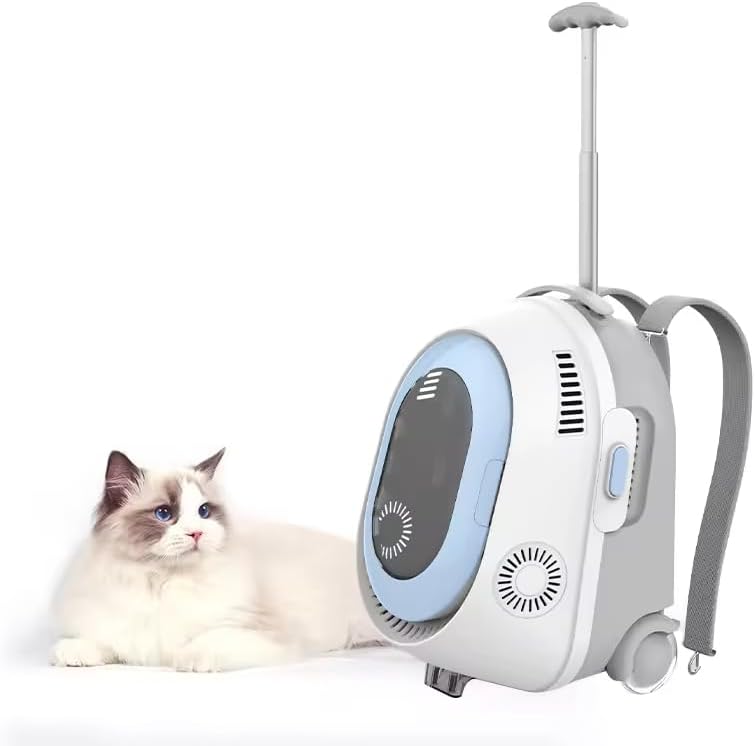 FO5 Cat Backpack Carrier with Cooling Spray, Fan & LED Light, 3-in-1 Rolling Pet Carrier Backpack, Height-Adjustable for Cats & Small Dogs, Travel Hiking Outdoor Pet Backpack