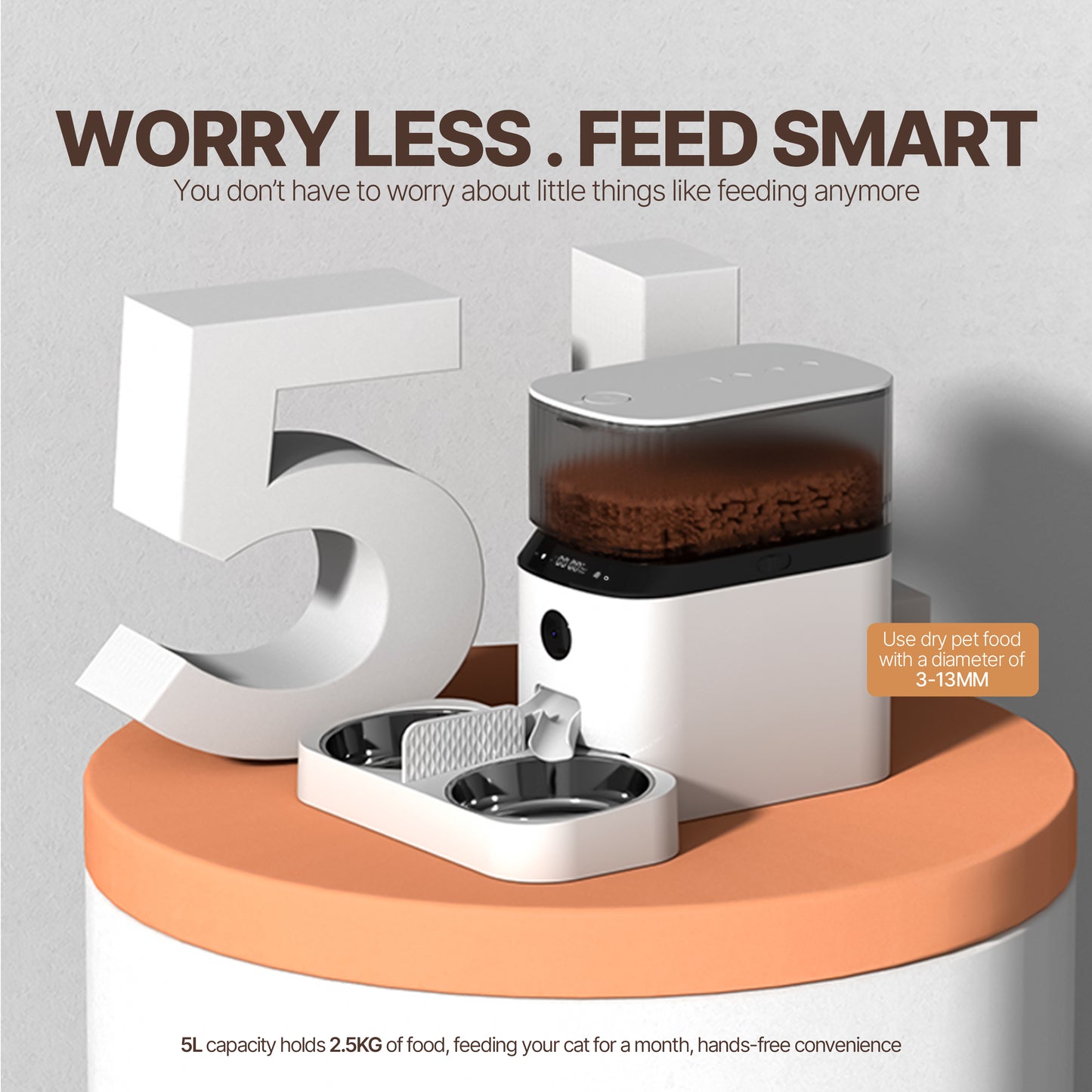 FO5 5L Automatic Pet Feeder, Automatic Feeder controlled via APP, Timed Cat Feeder for Dogs and Cats with Fresh-keeping Bucket, Two Stainless Steel Plates