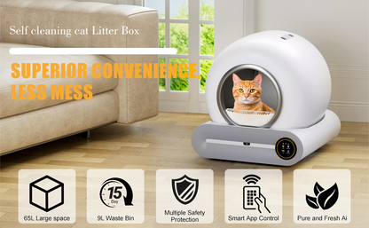 FO5 Self Cleaning Cat Litter Box, Upgraded Automatic Cat Litter Box 65L+ 9L Extra Large Capacity Automatic Cat Litter Box, APP Control/Odor Removal/Safety Protection/Low Noise Litter Box (White)